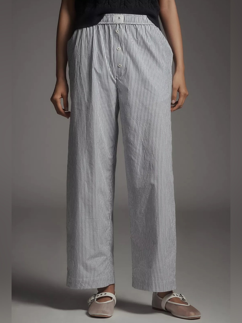 Anthropologie Women’s S Wren Boxer Pant 100% Cotton White Navy Stripe